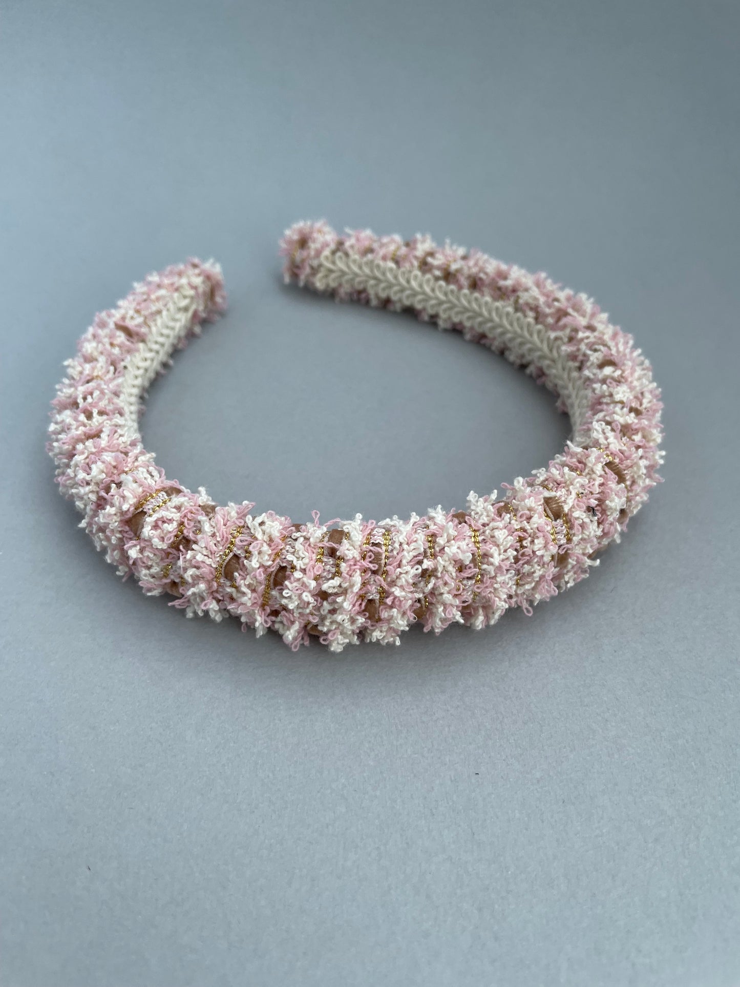 Rose pink and white frayed edge trim medium padded headband