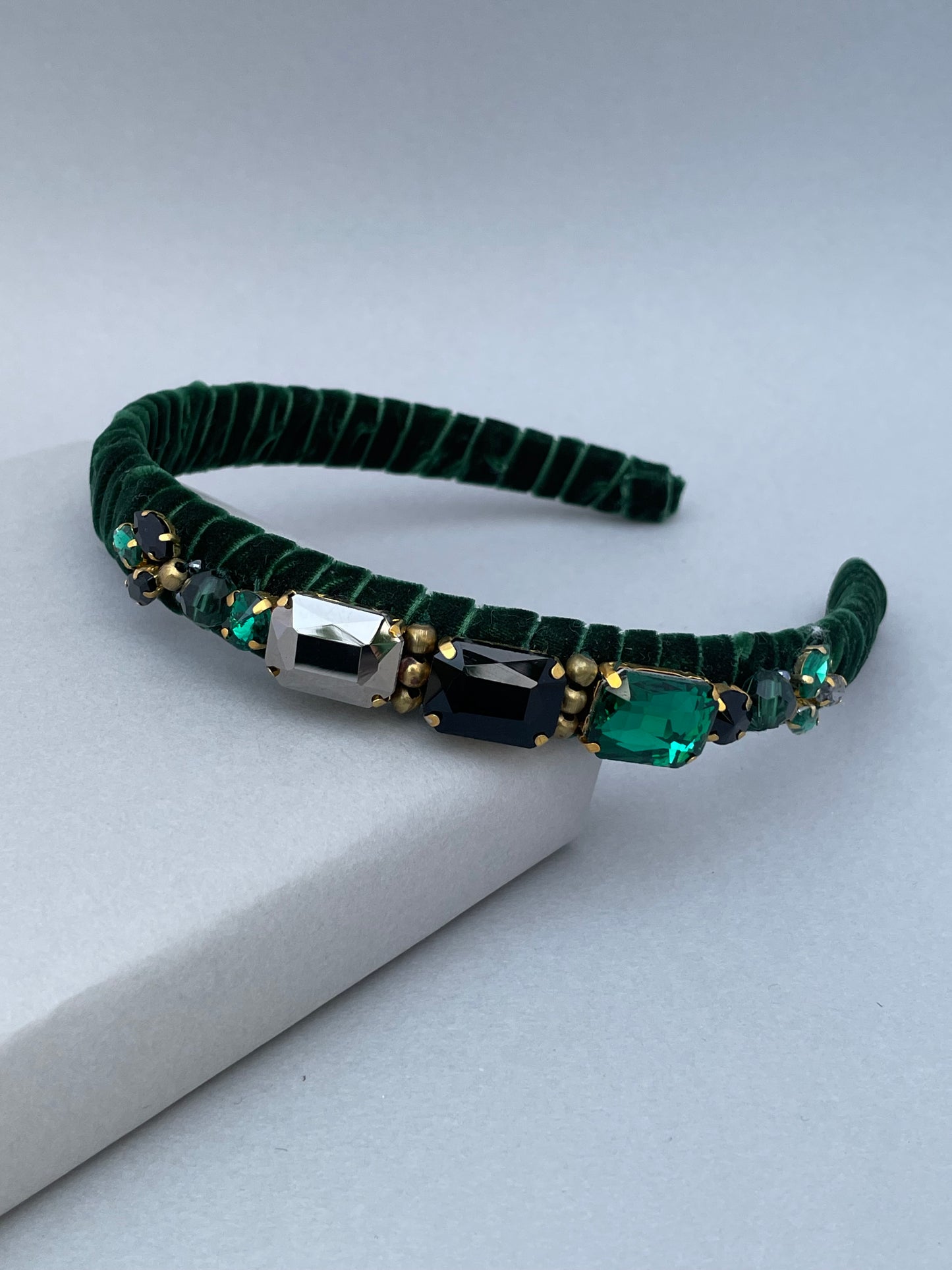 Forest green velvet jewelled slim headband