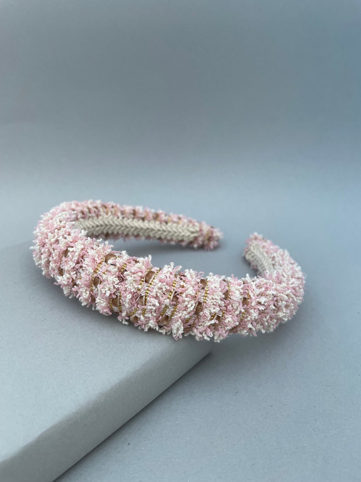 Rose pink and white frayed edge trim medium padded headband