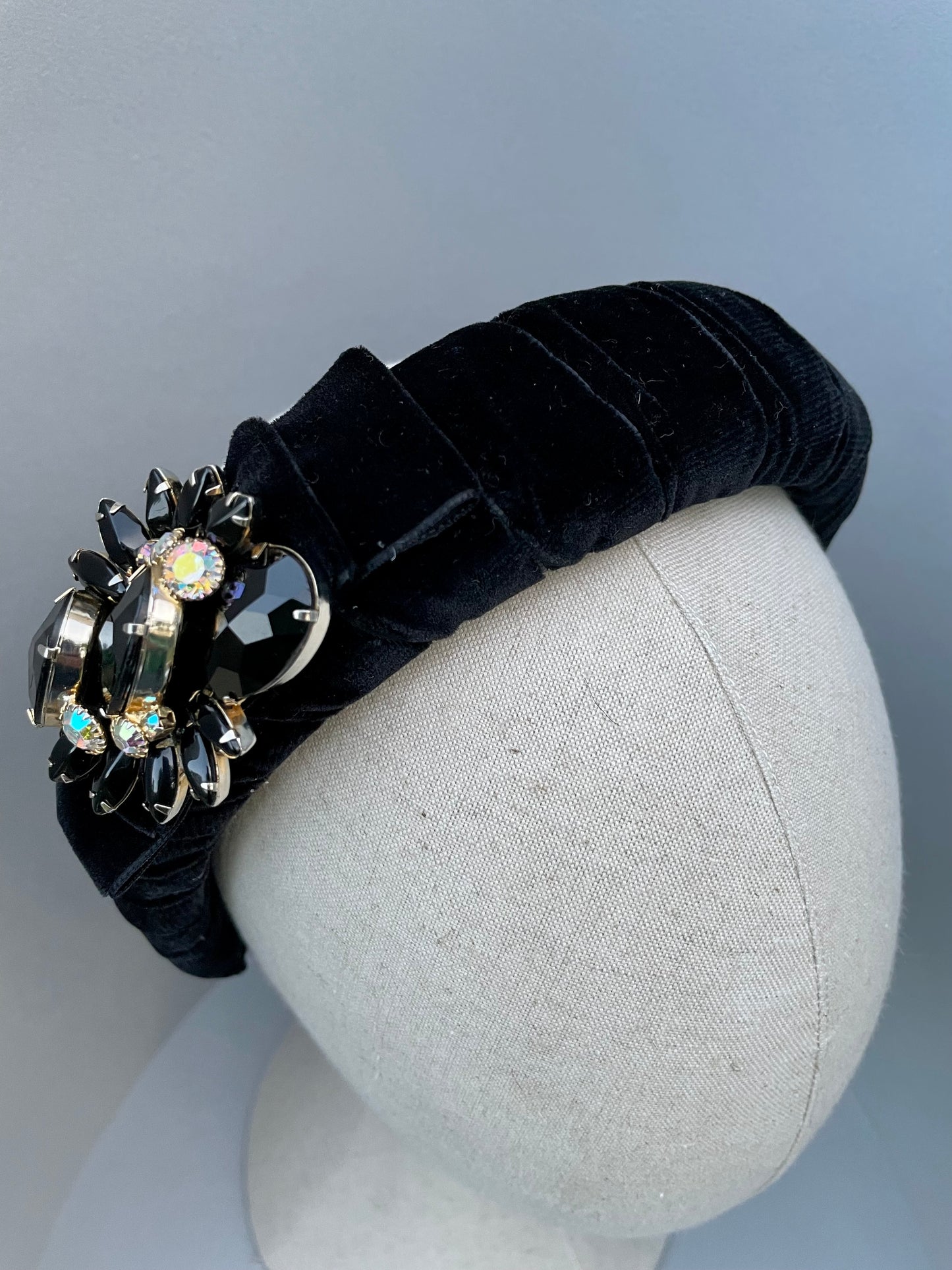 Black velvet, bow and brooch padded headband