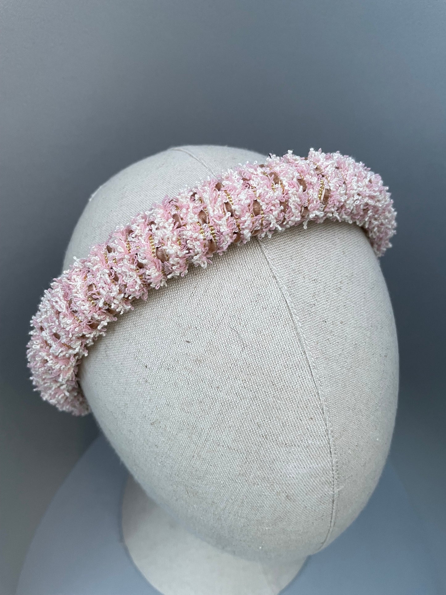 Rose pink and white frayed edge trim medium padded headband