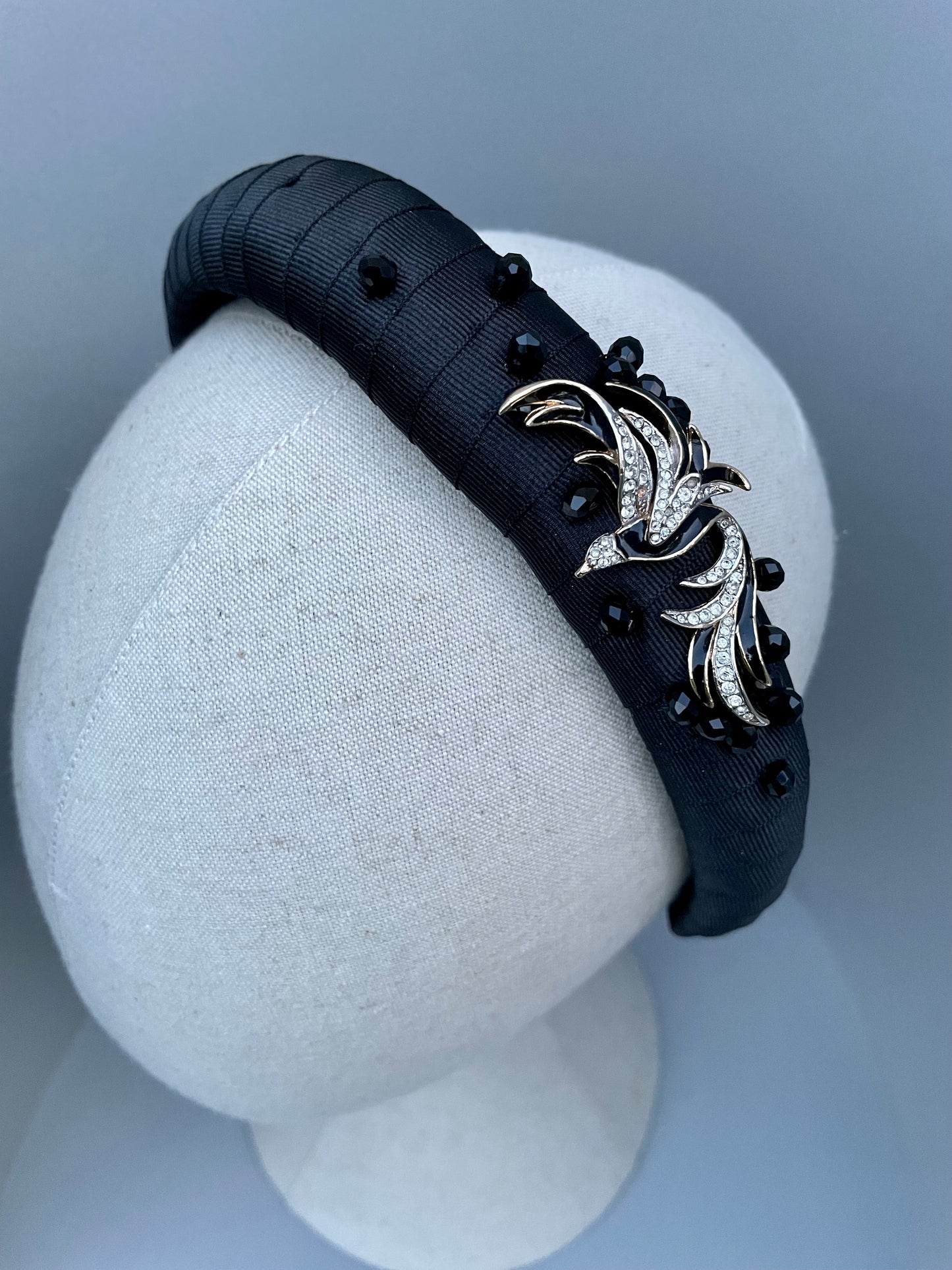 Enamel bird brooch on grosgrain ribbon medium padded headband