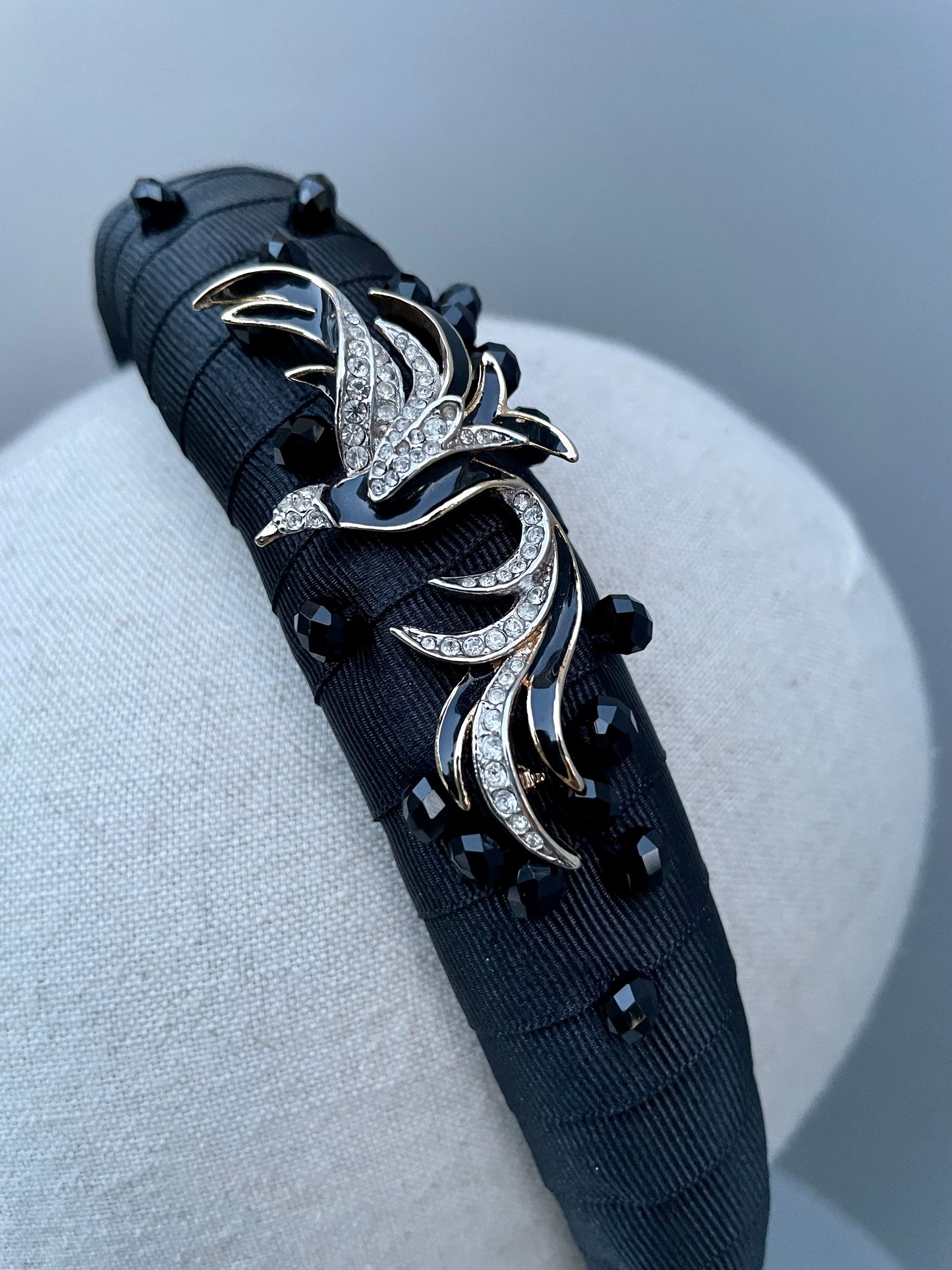 Enamel bird brooch on grosgrain ribbon medium padded headband
