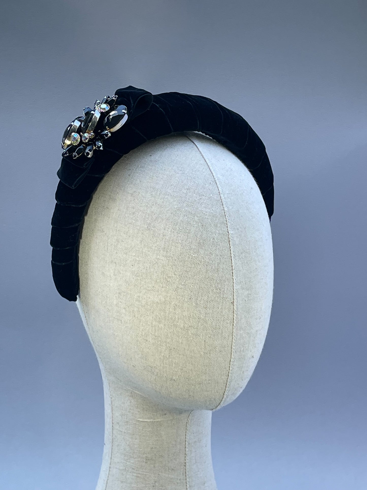 Black velvet, bow and brooch padded headband