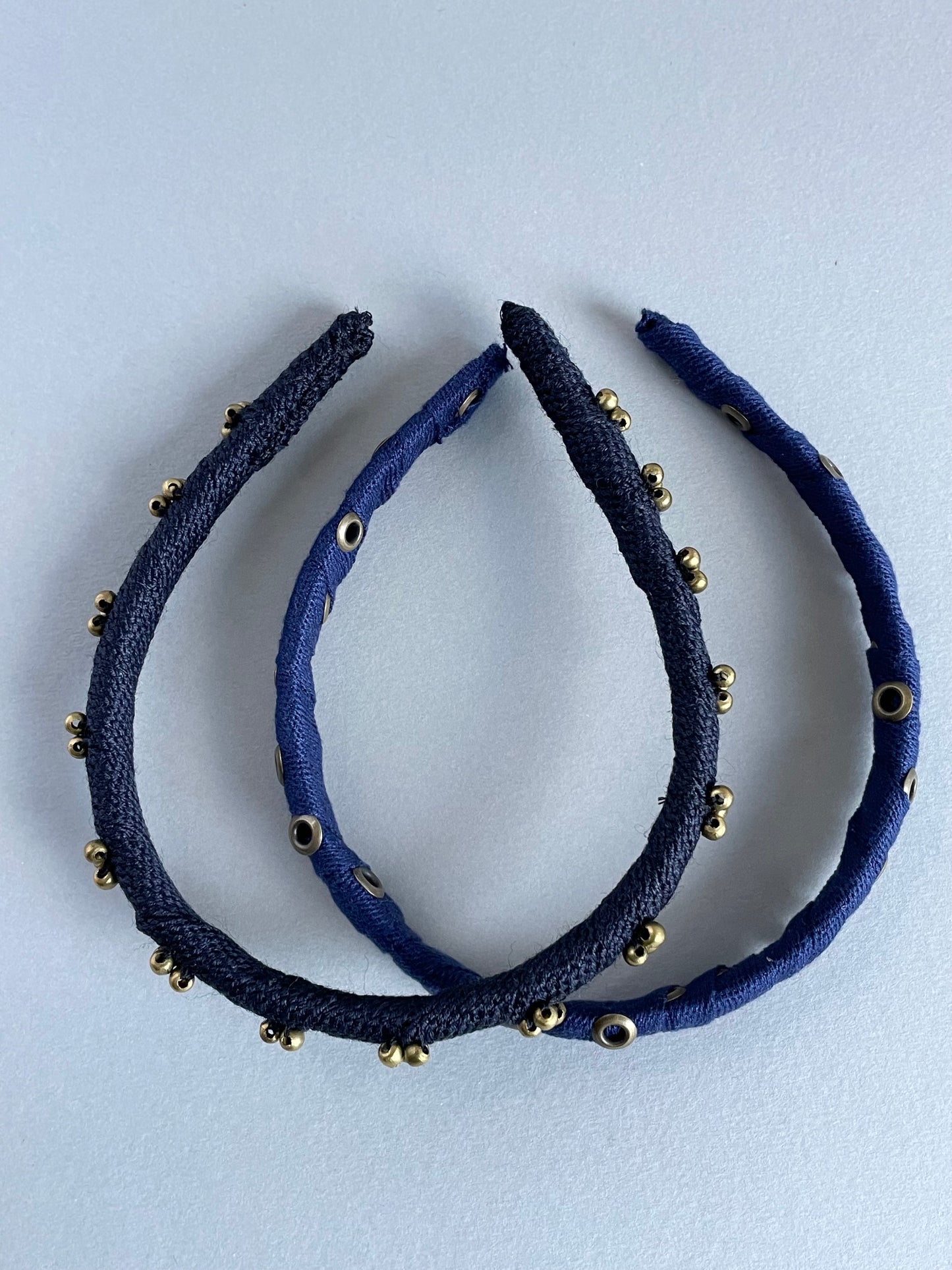 Navy and antique gold metal slim headband duo