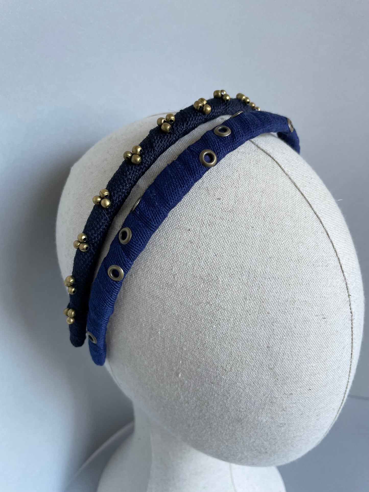 Navy and antique gold metal slim headband duo