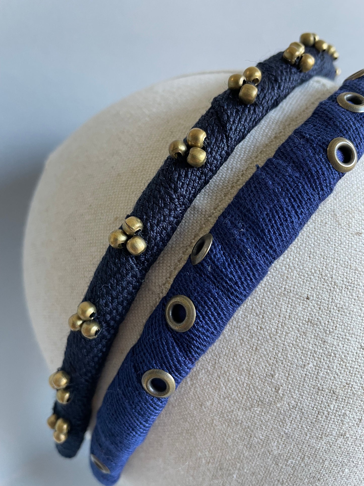 Navy and antique gold metal slim headband duo