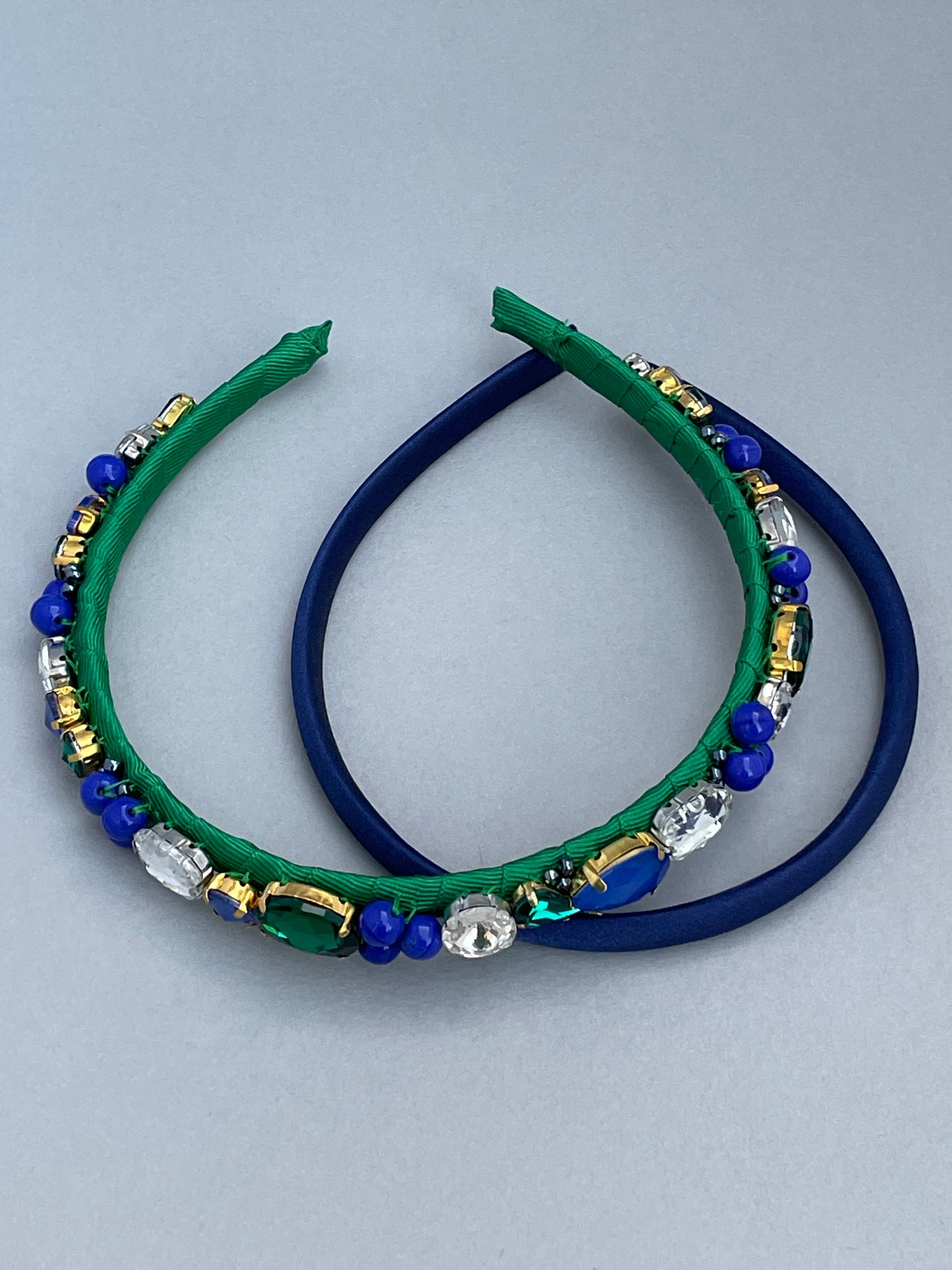 Emerald green and cobalt blue mix jewelled slim headband duo