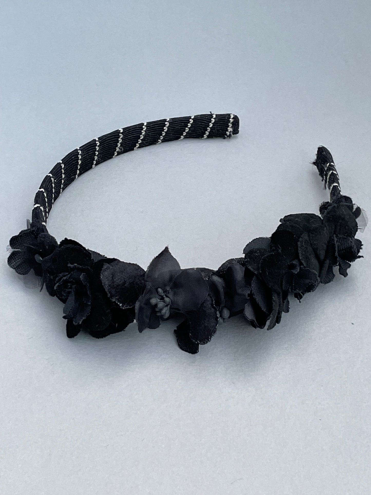 Black and white slim headband with black velvet and silk flowers