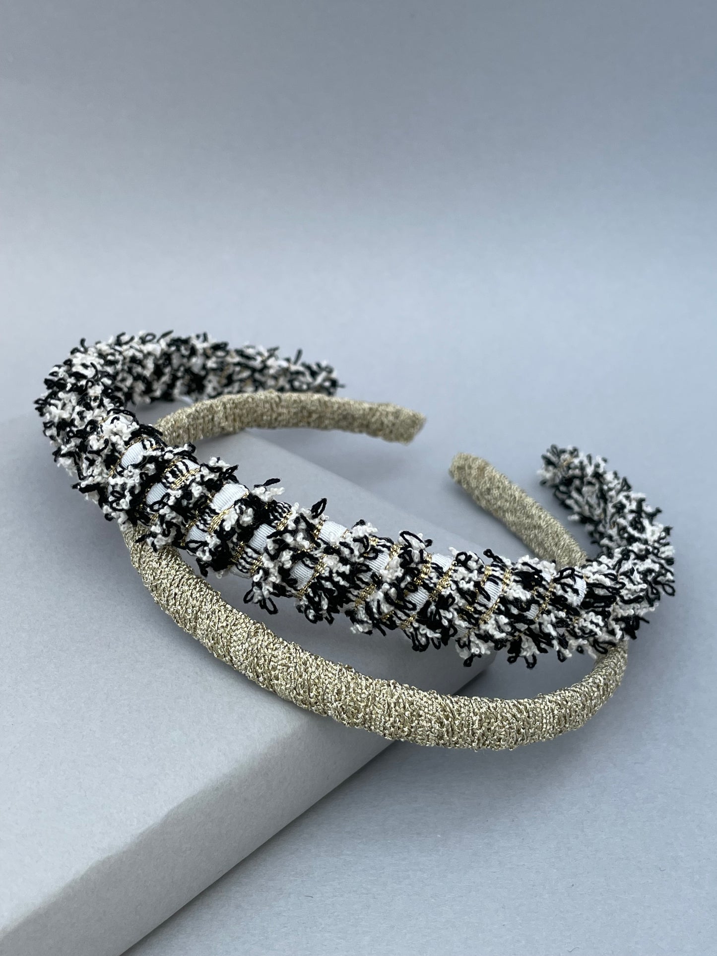 Black, white and gold textured braid slim headband duo