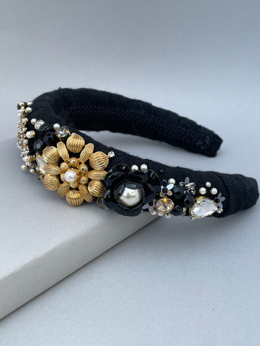 Black and gold highly embellished  large padded statement headband