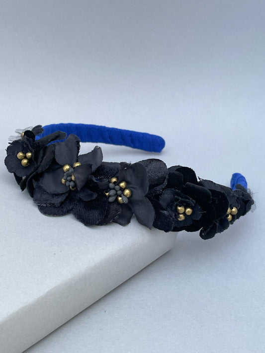 Cobalt blue slim headband with black velvet and silk flowers