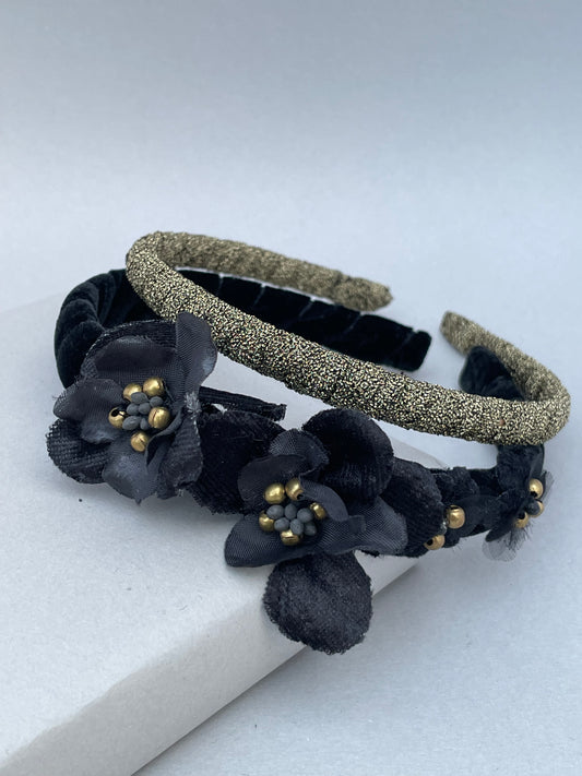 Black velvet floral detail and antique gold headband duo