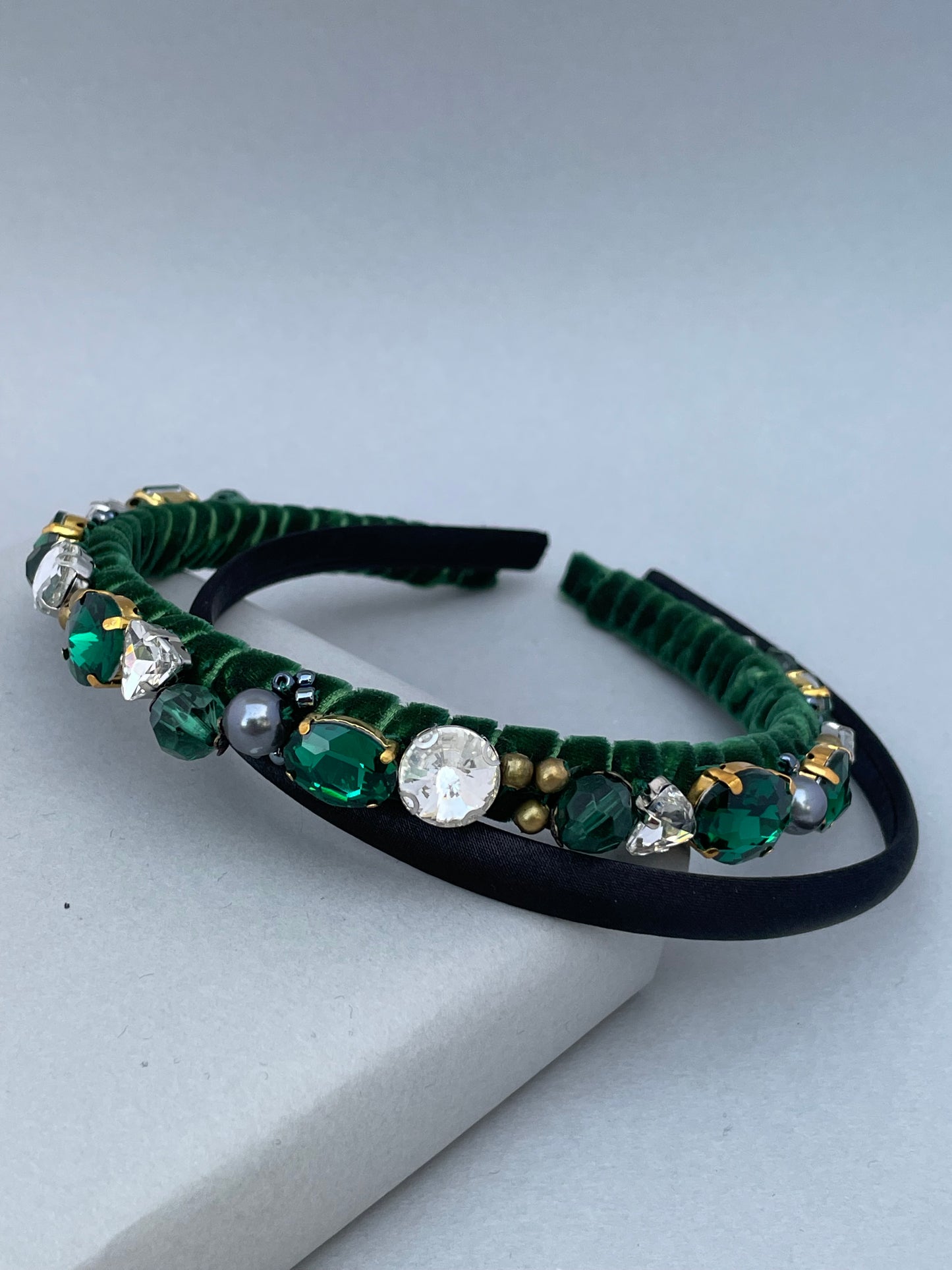 Forest green velvet and black mix jewelled slim headband duo