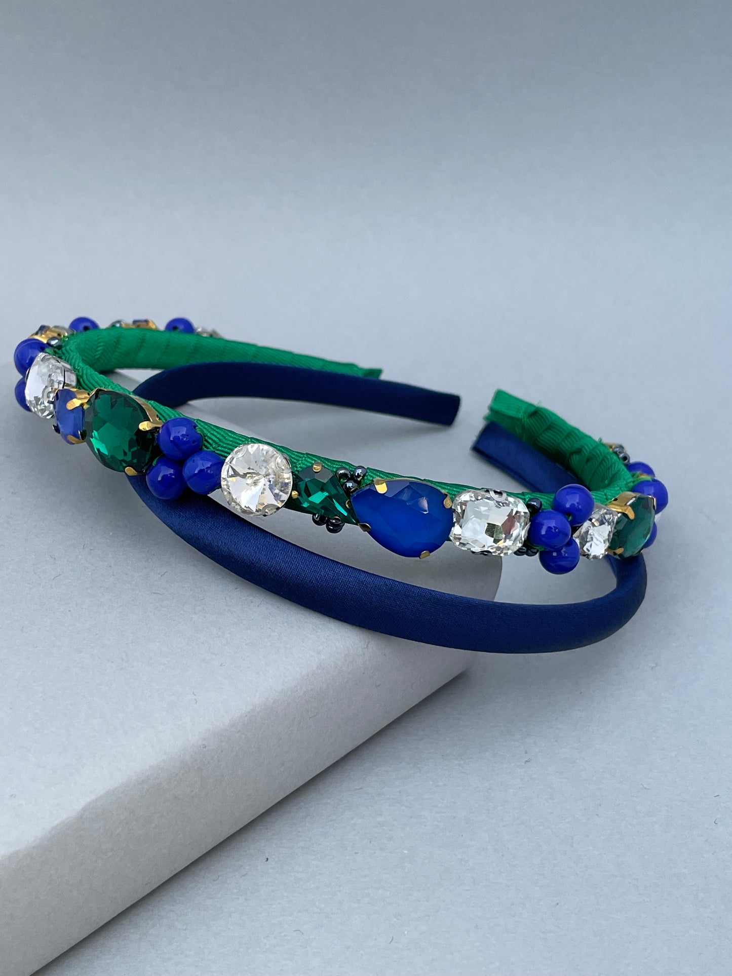 Emerald green and cobalt blue mix jewelled slim headband duo