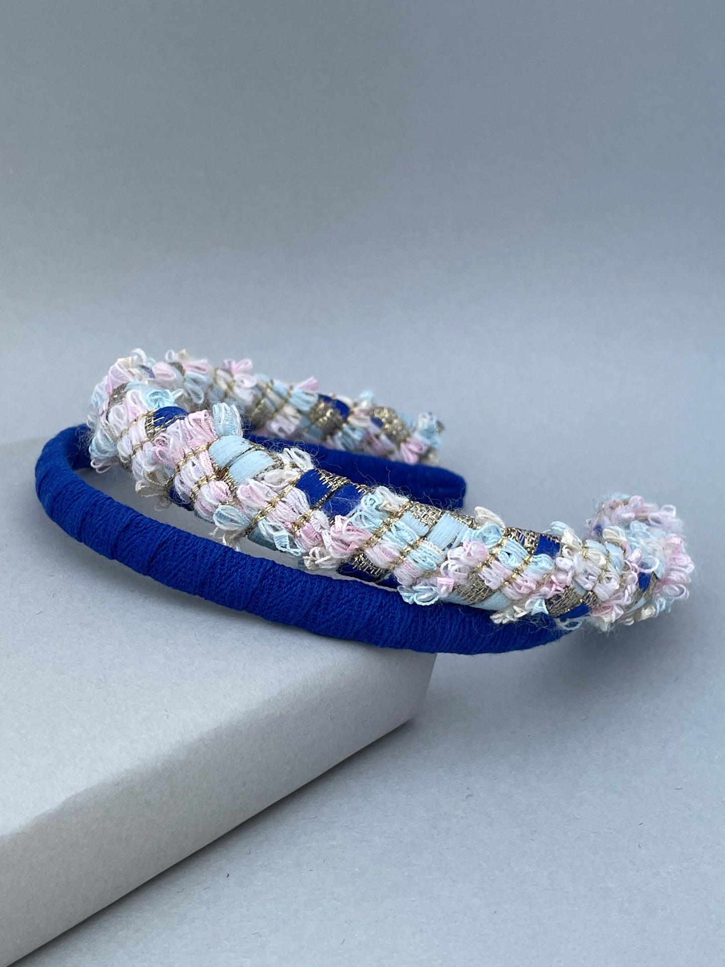 Pale pink, pale blue and cobalt blue mix slim headband duo