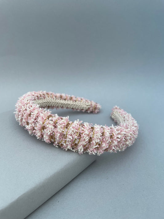 Rose pink and white frayed edge trim medium padded headband