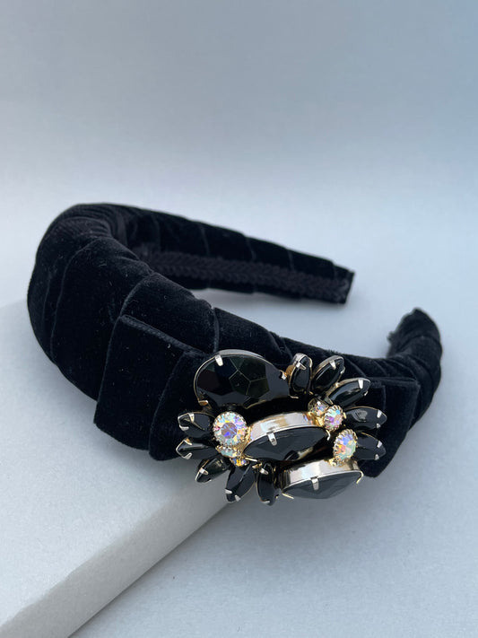 Black velvet, bow and brooch padded headband