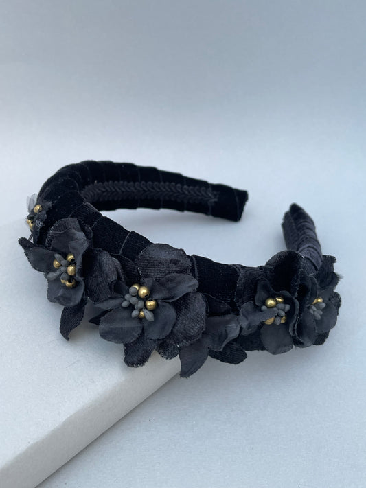 Black velvet padded headband with black velvet and silk flowers