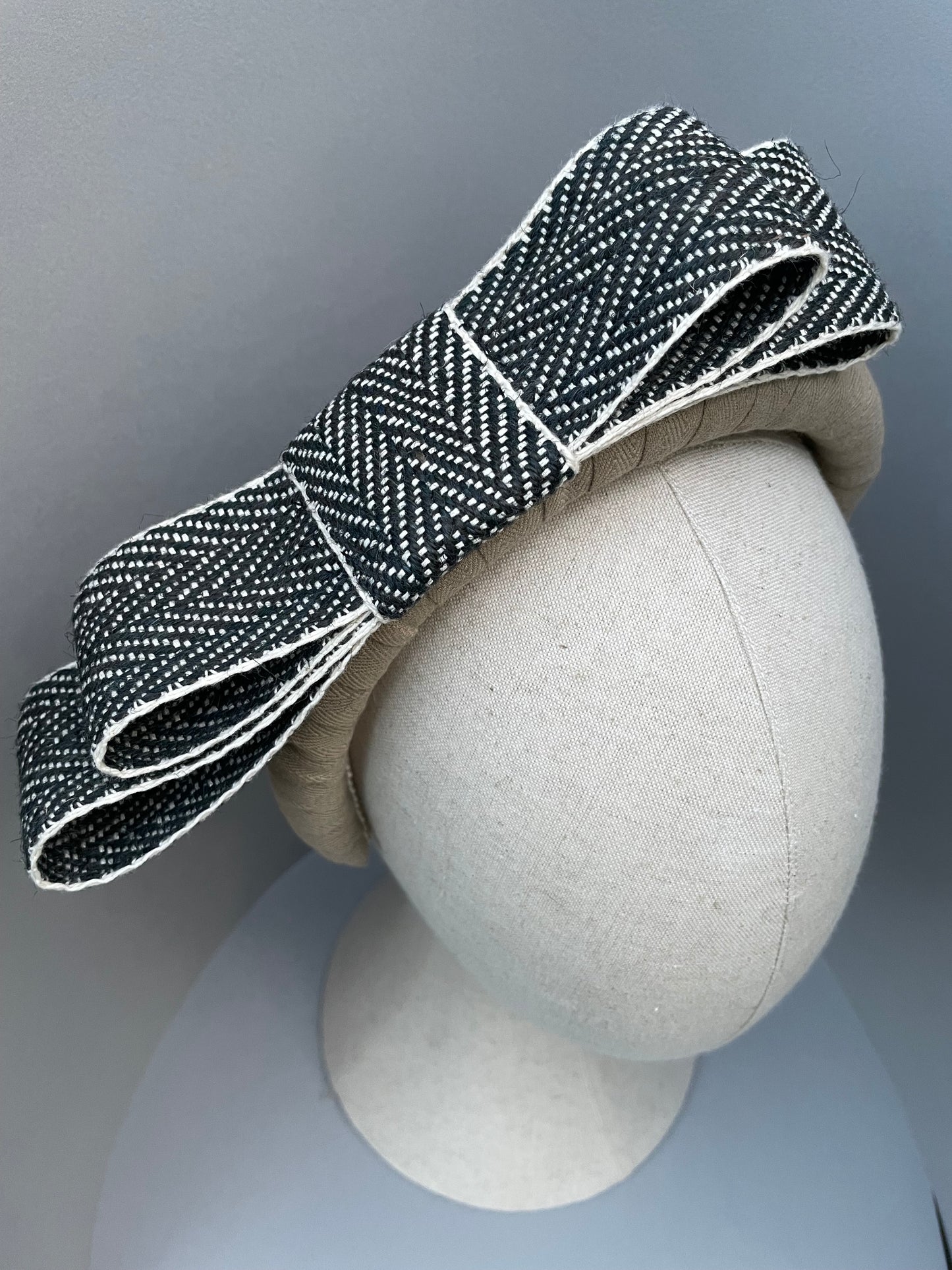 Natural large padded headband with black and white herringbone braid bow