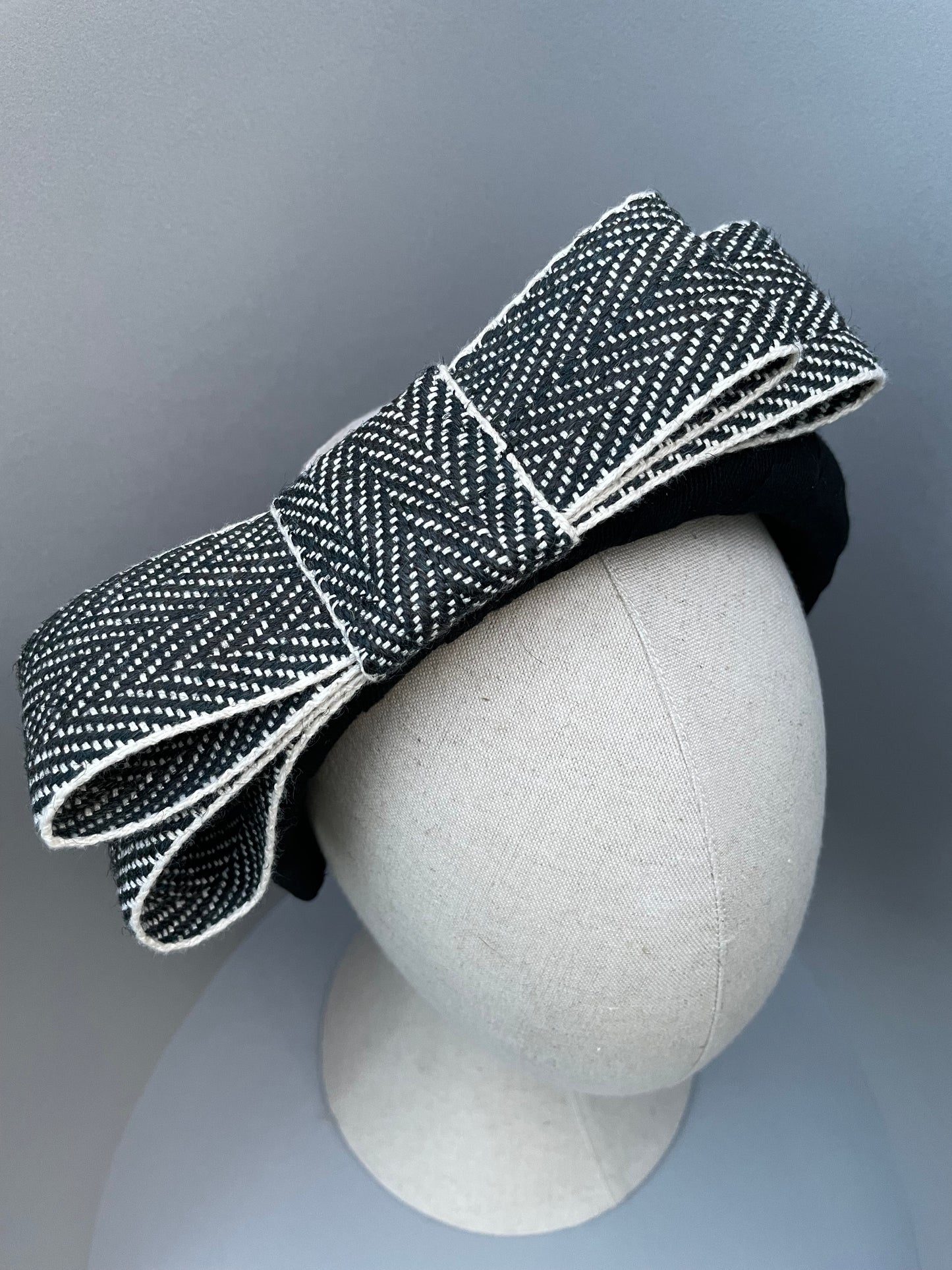 Black large padded headband with black and white herringbone braid bow