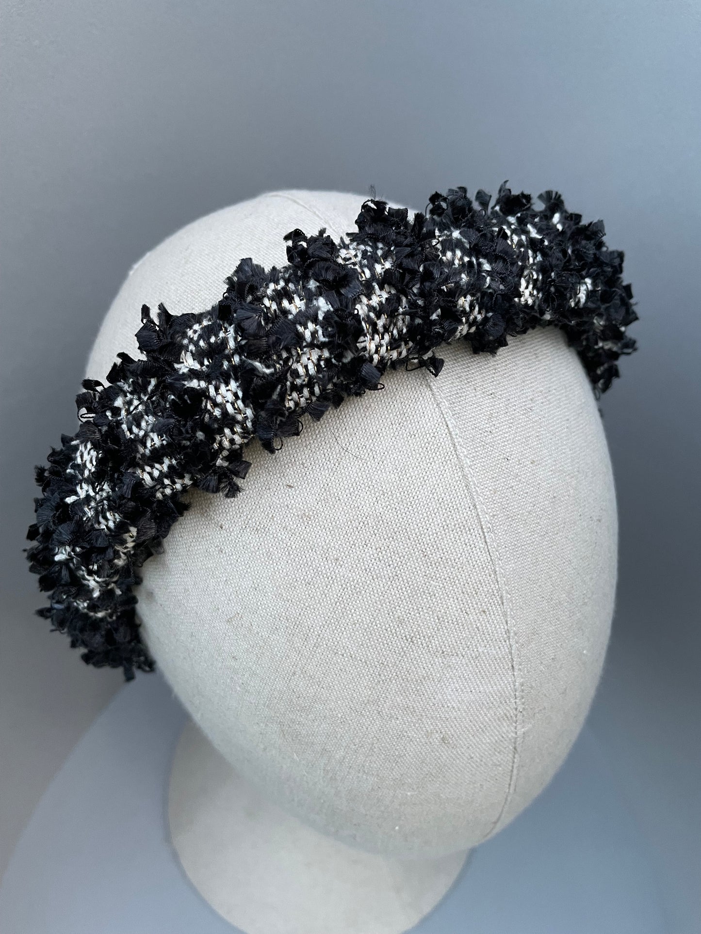 Black and white frayed edge trim large padded headband