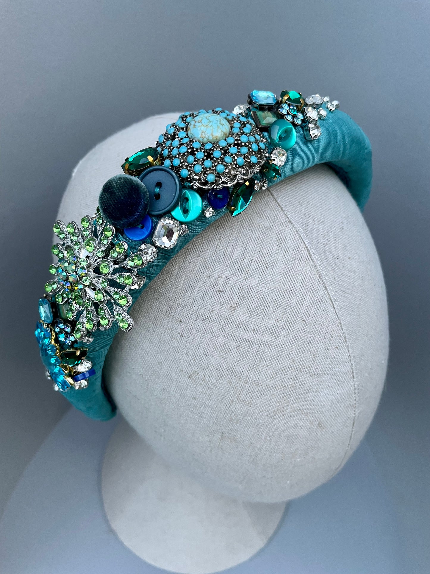 Teal highly embellished statement large padded headband