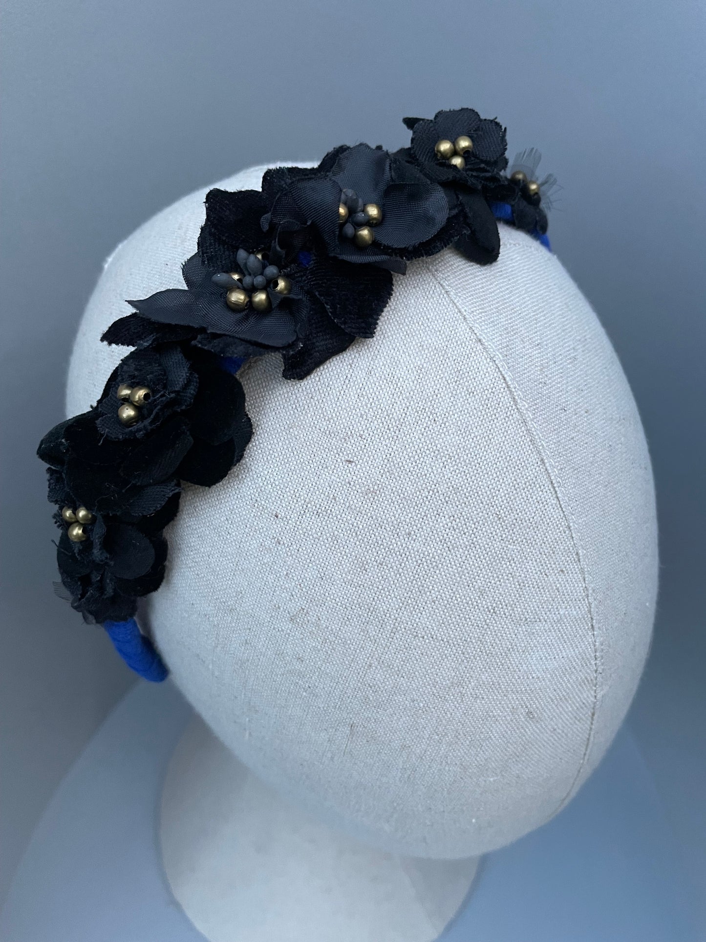 Cobalt blue slim headband with black velvet and silk flowers