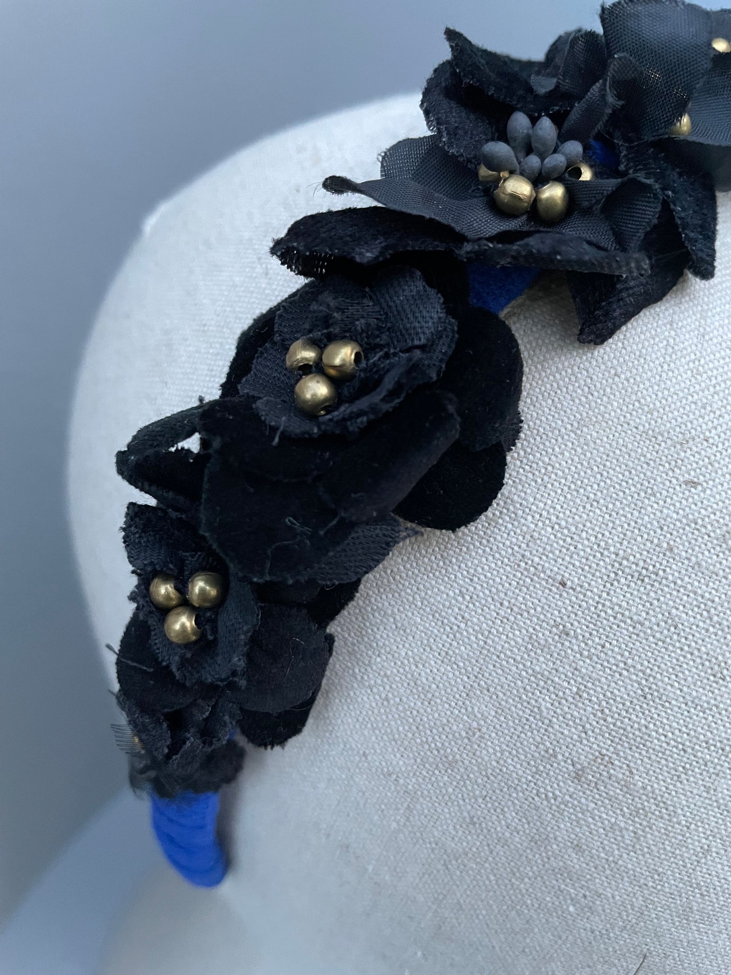 Cobalt blue slim headband with black velvet and silk flowers