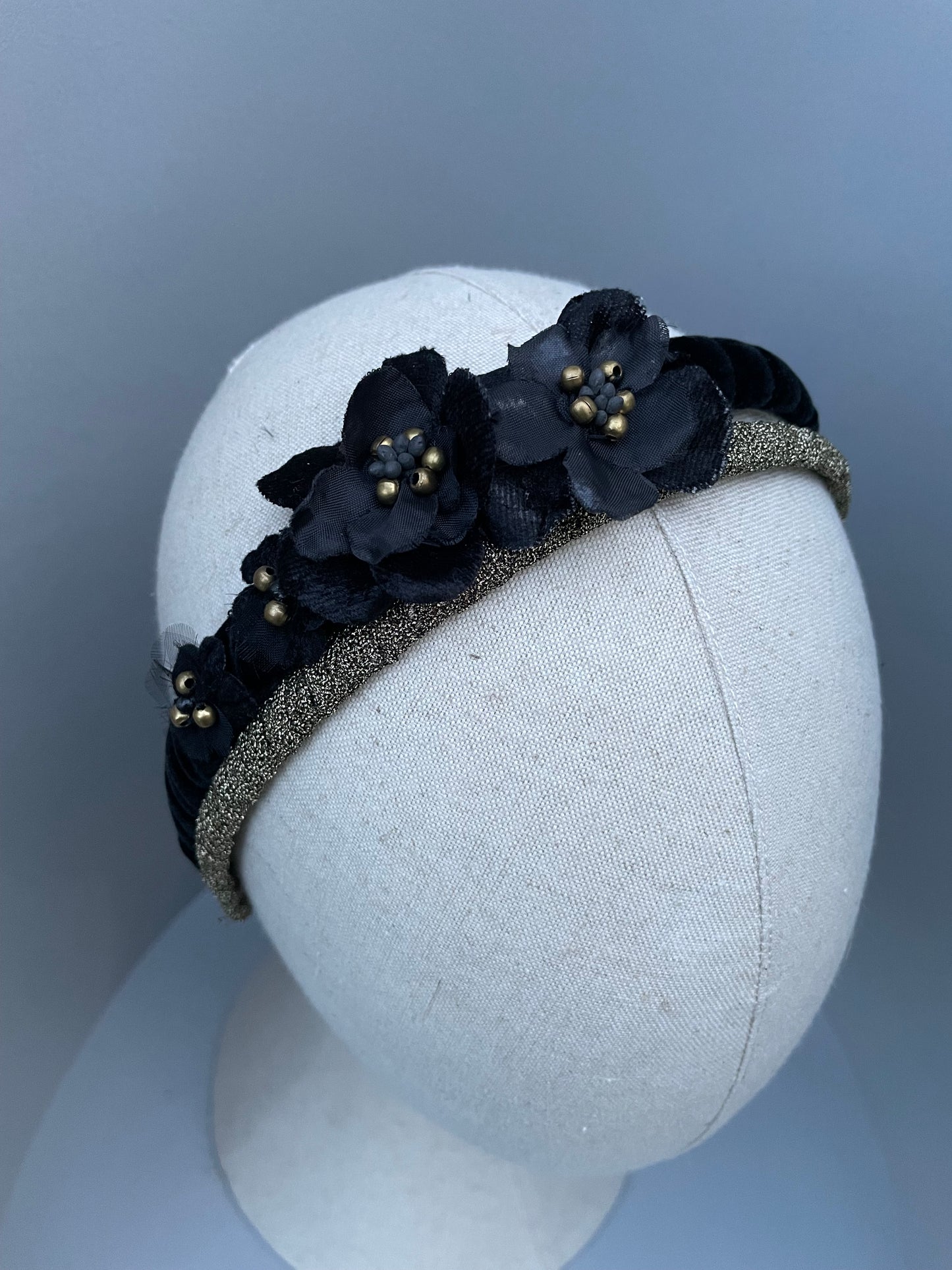 Black velvet floral detail and antique gold headband duo