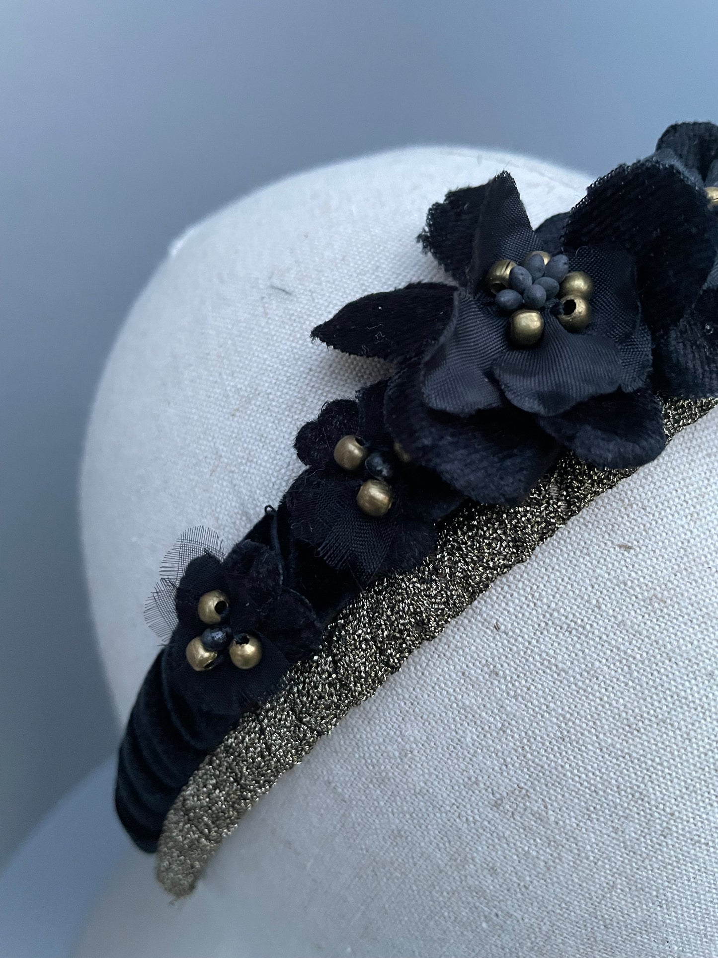 Black velvet floral detail and antique gold headband duo