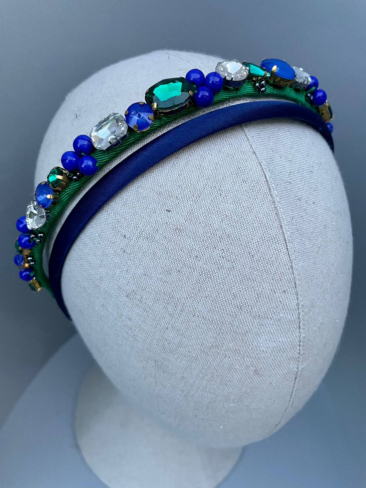 Emerald green and cobalt blue mix jewelled slim headband duo