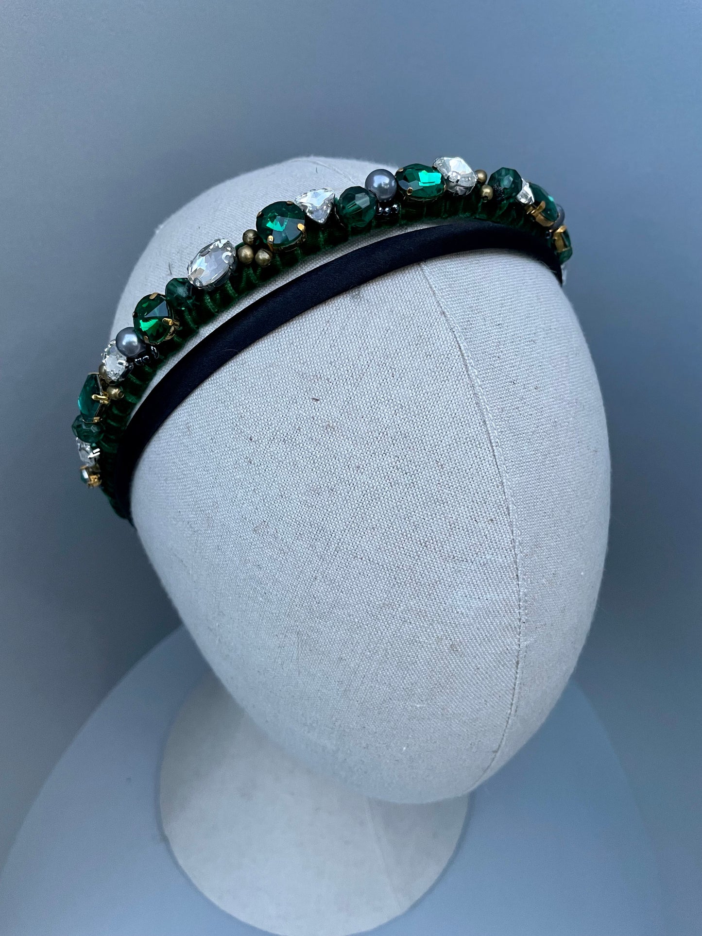 Forest green velvet and black mix jewelled slim headband duo