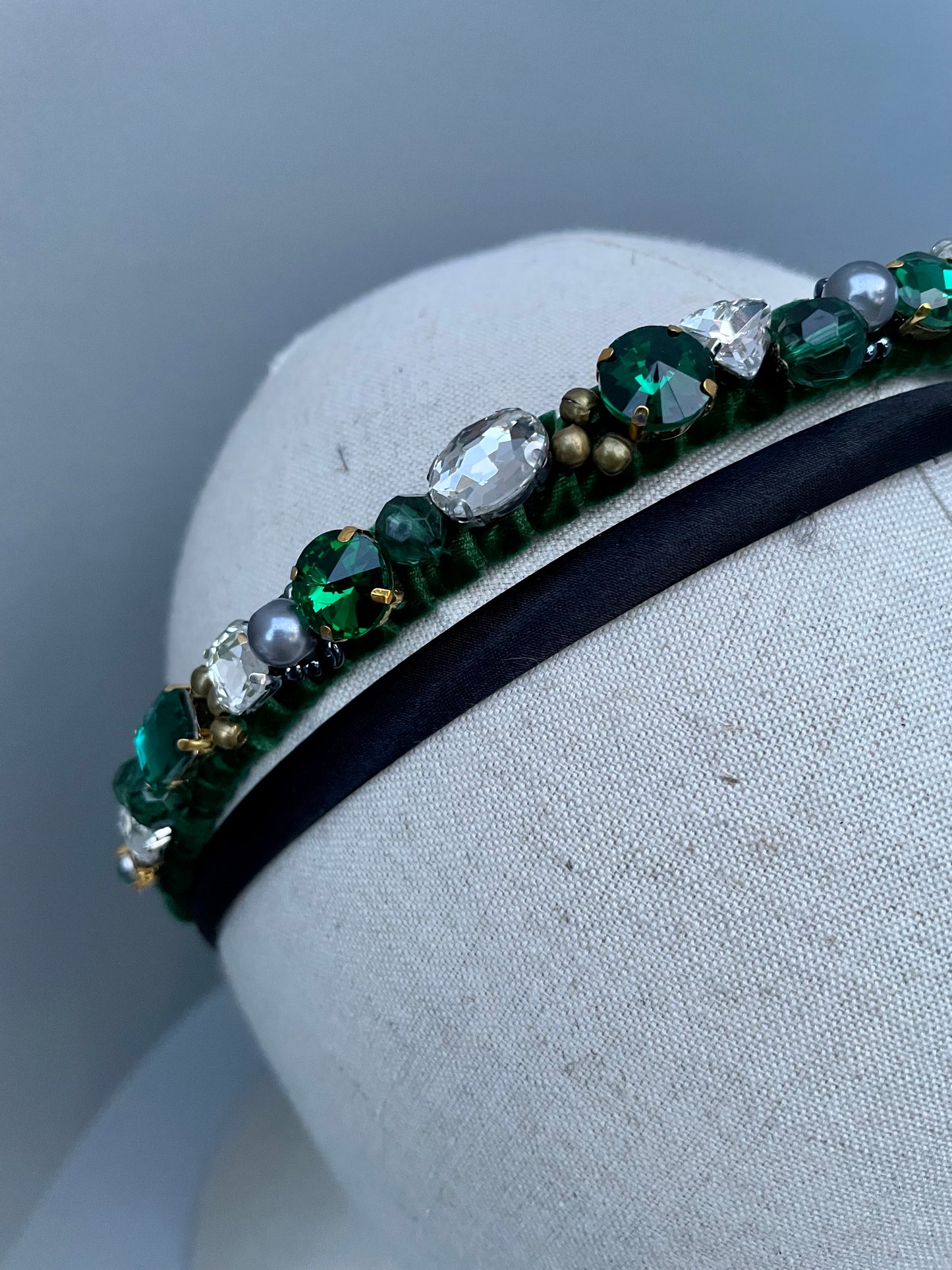 Forest green velvet and black mix jewelled slim headband duo